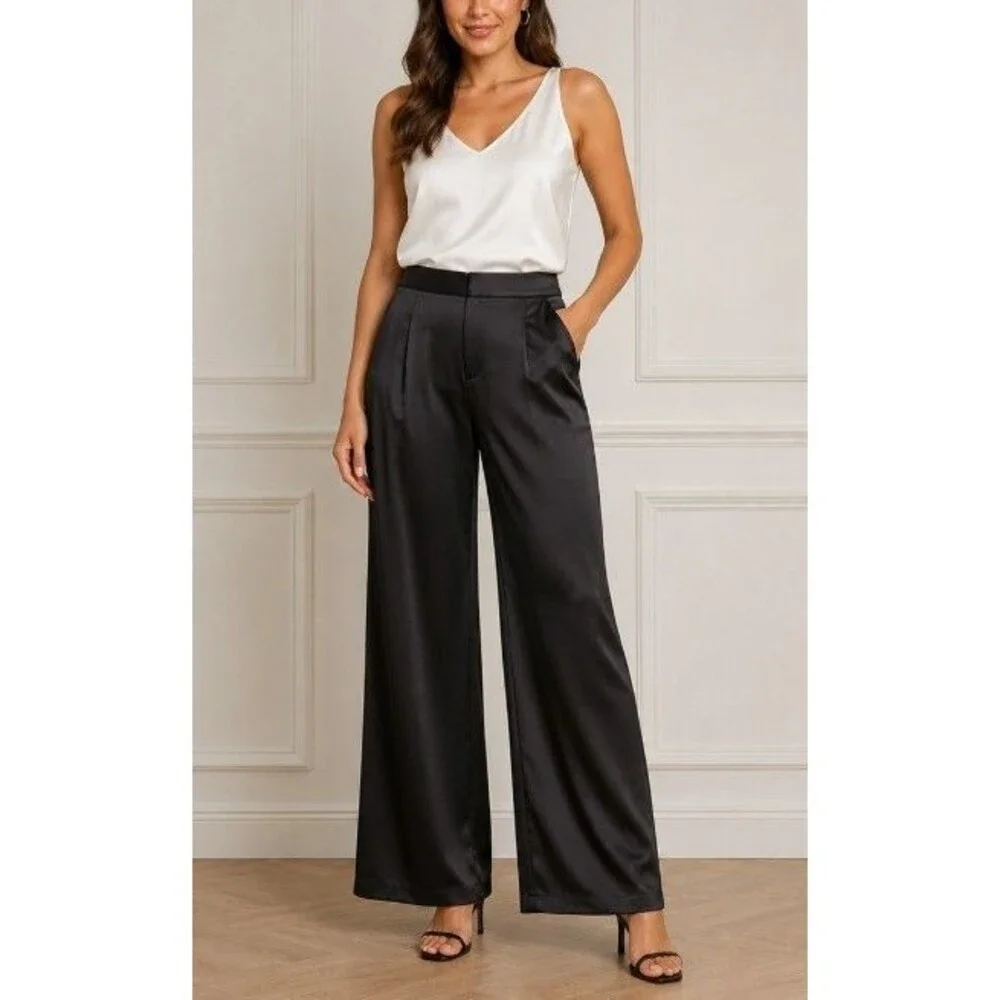 Michael Kors Black Satin Wide Leg Trousers Women's Size 10 Elegant Dress Pants